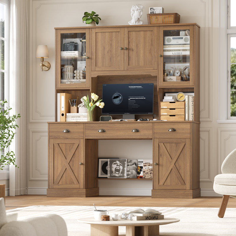 📚 Chewning 63"W X 74.8"H Computer Desk with Hutch & 3 Drawers, Farmhouse Office Desk with Storage Cabinets, Adjustable Shelves & Bookshelf Set