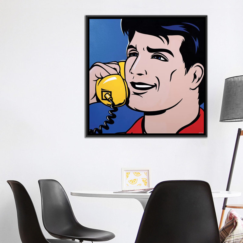 « man on phone », impression sur toile, H 26 po x l 26 po x P 1,5 po, Toile avec cadre noir, Pas de tapis