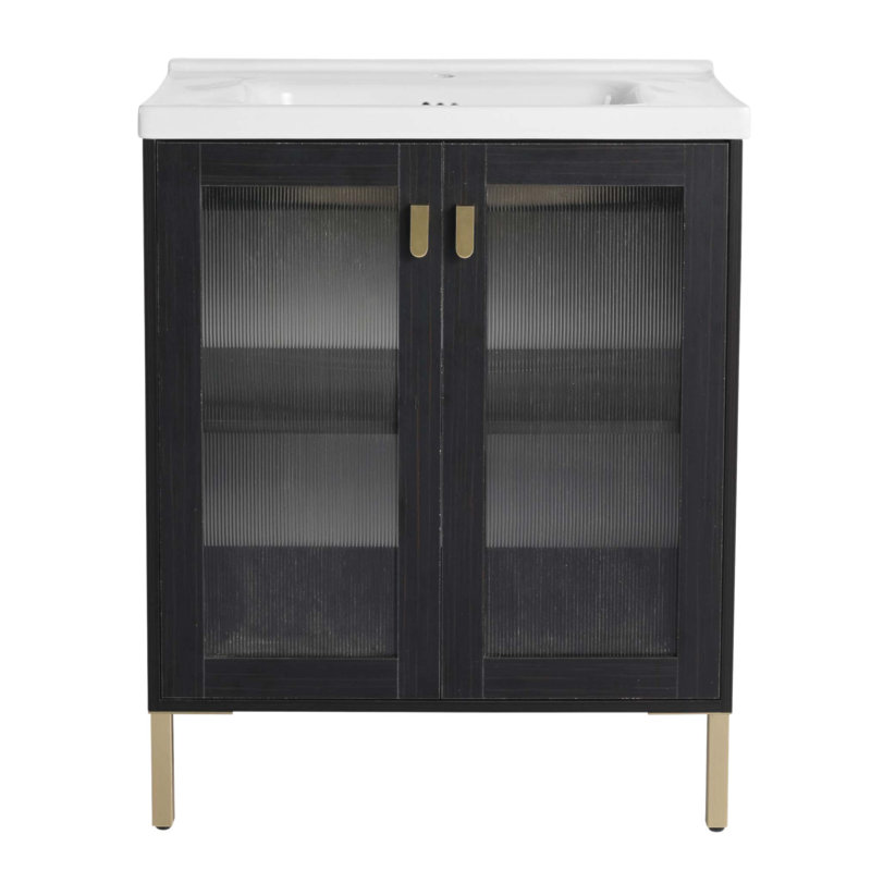 Meuble-lavabo autoportant de 28 pouces avec lavabo en céramique et porte à fermeture douce, parfait pour les espaces modernes et compacts.