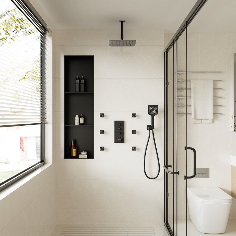 3 Functions 12 Inch Ceiling Mounted Thermostatic Shower System with 6 Body Jets, Matte Black