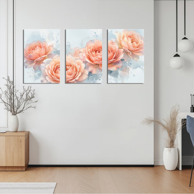 Ensemble de 3 tableaux sur toile tendue, aquarelles de roses pêche, pour la décoration du salon et de la chambre.