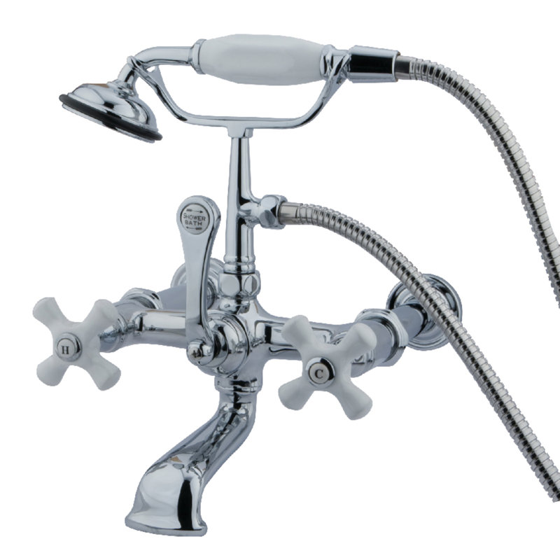 Kingston Brass Vintage Three-Handle 2-Hole Tub Wall Mount Clawfoot Tub Faucet with Hand Shower, Polished Chrome