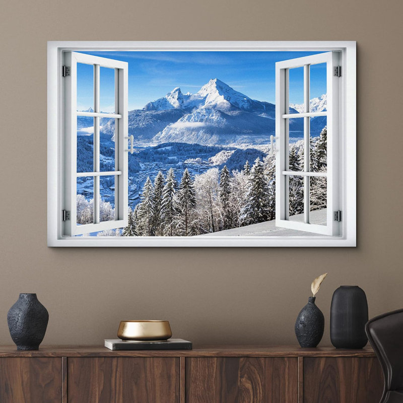 Fenêtre, paysage, «Vue de la fenêtre, chaîne de montagnes enneigée, pin, forêt, images naturelles, paysage» sur