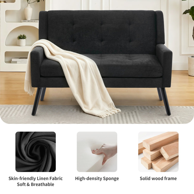 Canapé 47 po Mid-Century, Mélange de lin noir