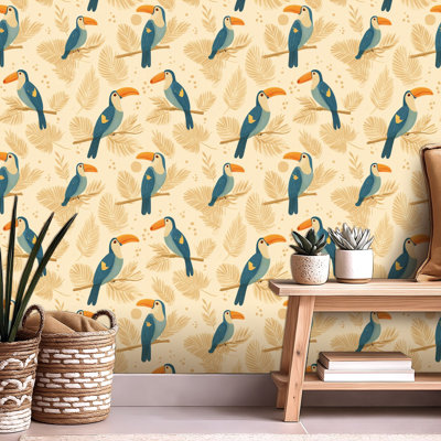Papier peint à peler et coller pour enfants, papier de contact, dessin mignon, oiseau toucan, feuilles tropicales, style minimaliste, adhésif et amovible, 24 po x 118 po (60 x 300 cm)