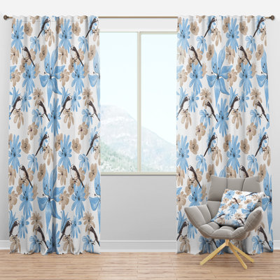 Drawing of Blue Flowers with Little Bird - Traditional Curtain - Velvet Room darkening - 1 panel