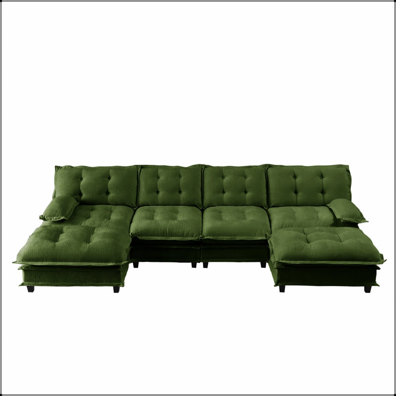 Upholstered Chenille U-Shaped Sectional with Ottoman, Green Chenille, 35.4" H x 138.5" W x 60.1" D
