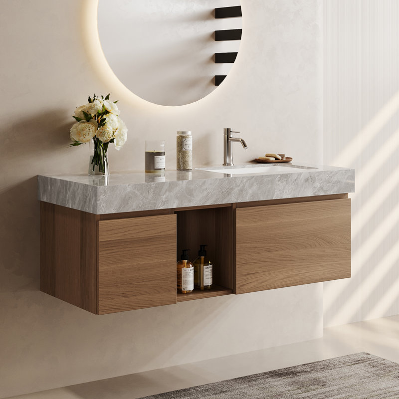 Loubertha 48'' Single Bathroom Vanity with Gray Top, Multi-layer Solid Wood, Two Drawers and Open Shelf, Brown / Gray