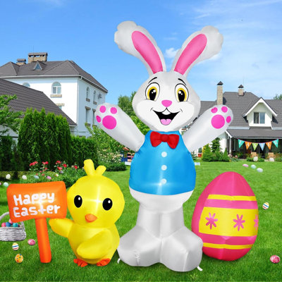 Easter Inflatables Outdoor Decorations Tall Easter Blow Up Bunny Inflatable With Chick Egg And Happy Yard Sign