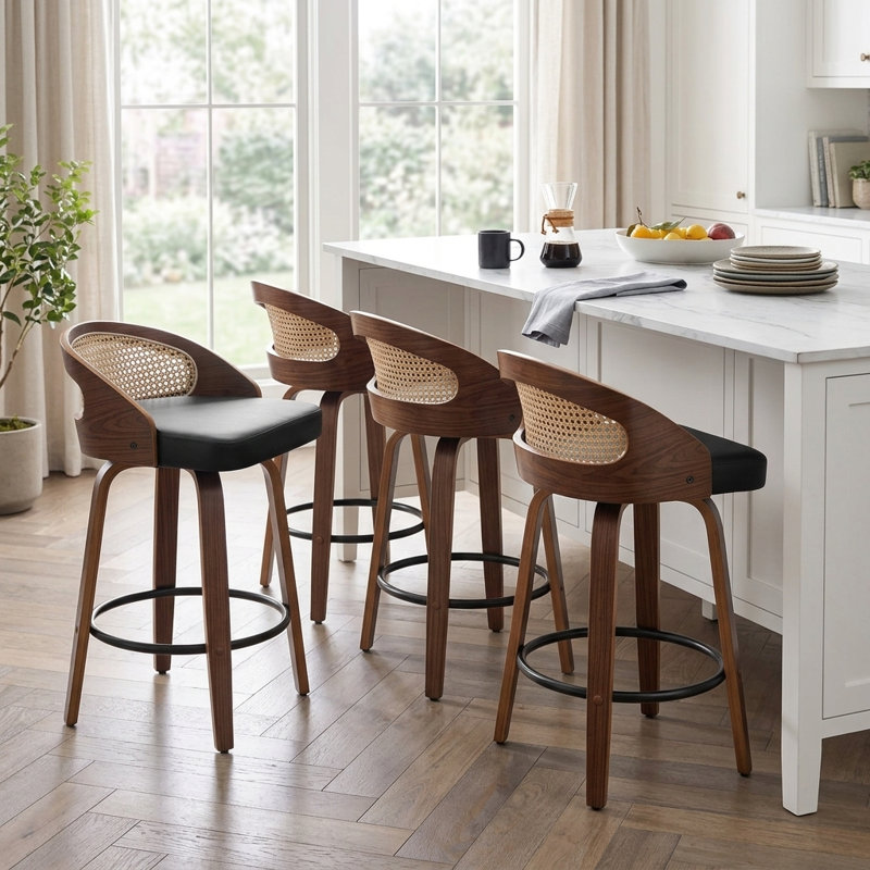 Leeana Mid-Century Modern Rattan Bar Stools With Upholstered Seat（Set Of 4), Black, Counter Stool (25" Seat Height)