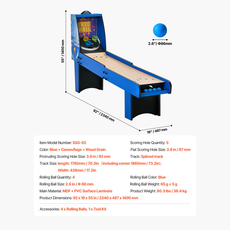 8' Roll and Score Classic Arcade Game Table, 4 Balls Included, Arcade Machine Indoor with Electronic Scorer, Sound, Automatic Ball Return for Adults Kids Family Recreation Game Room