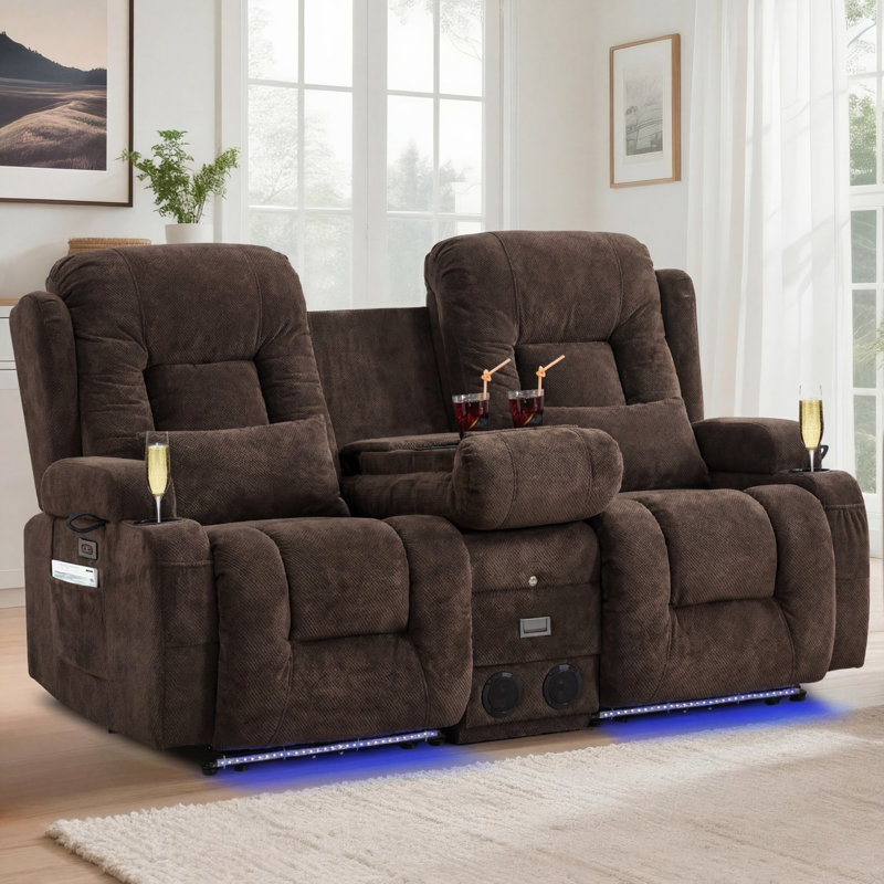 Power Reclining Sofa With Heat And Massage, Bluetooth Speakers And LED Lights, 3 Seater Dual Recliner Sofa With USB Ports And Cup Holders