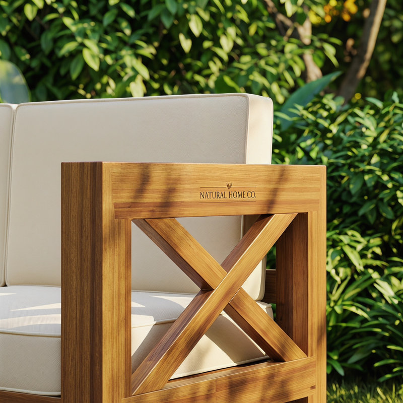 5-Piece Outdoor Wood Sectional Sofa Set with Cushions – Natural Acacia & Blue, Beige