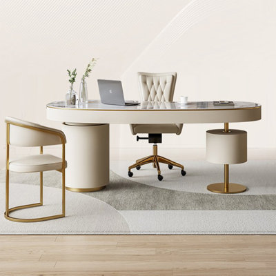 Beige-white + Gold Curved Sintered Stone + Manufactured Wood + Steel Plate with 4 drawers desk