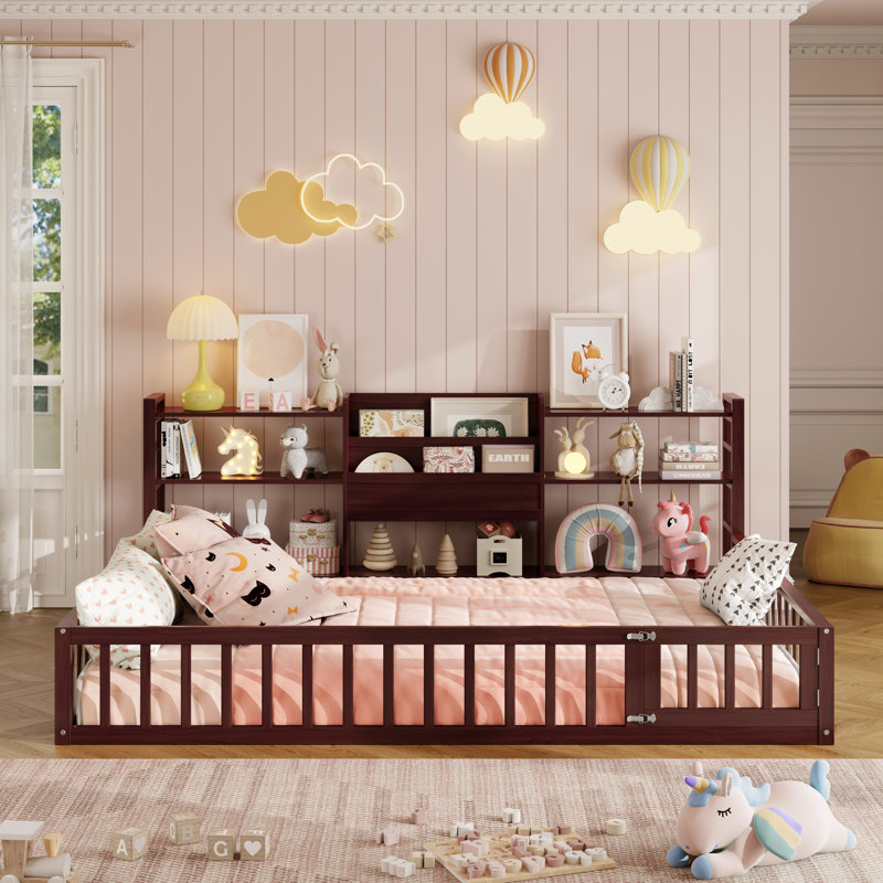 Base de lit simple pour lit double avec bibliothèque et 3 tablettes de rangement, Lit double, Brun
