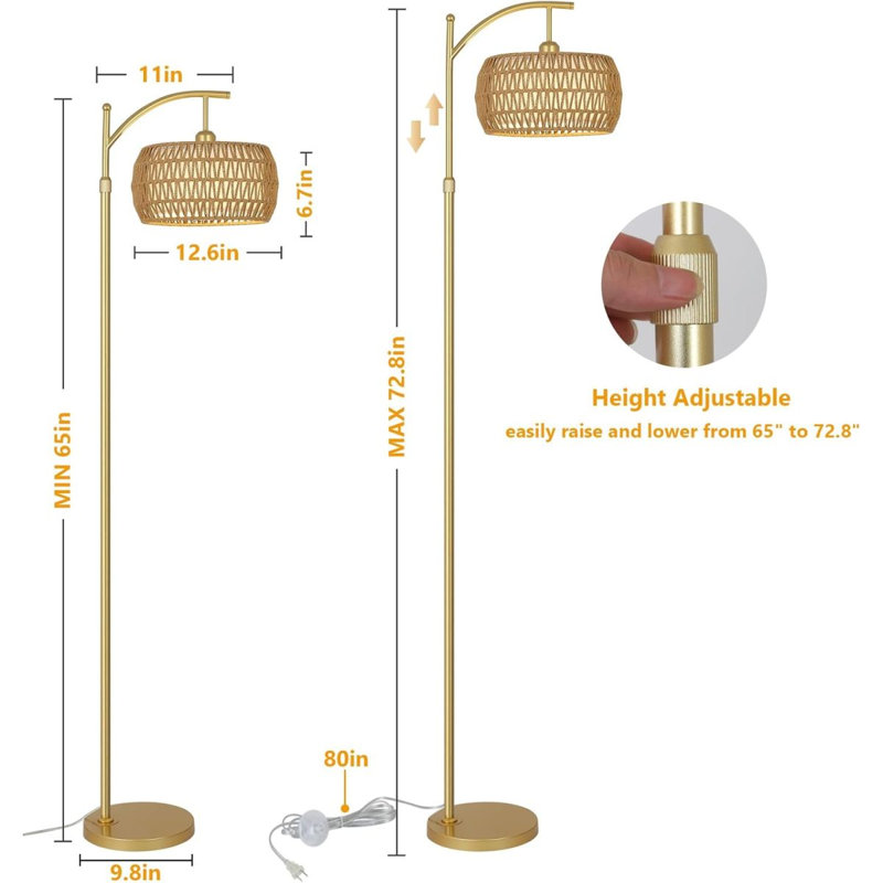 Lampadaire arqué à 3 températures de couleur, lampadaire DEL doré avec télécommande et ampoule à intensité variable, lampadaire bohème avec abat-jour en rotin et tissu, lampadaire haut de style ferme pour salon ou chambre