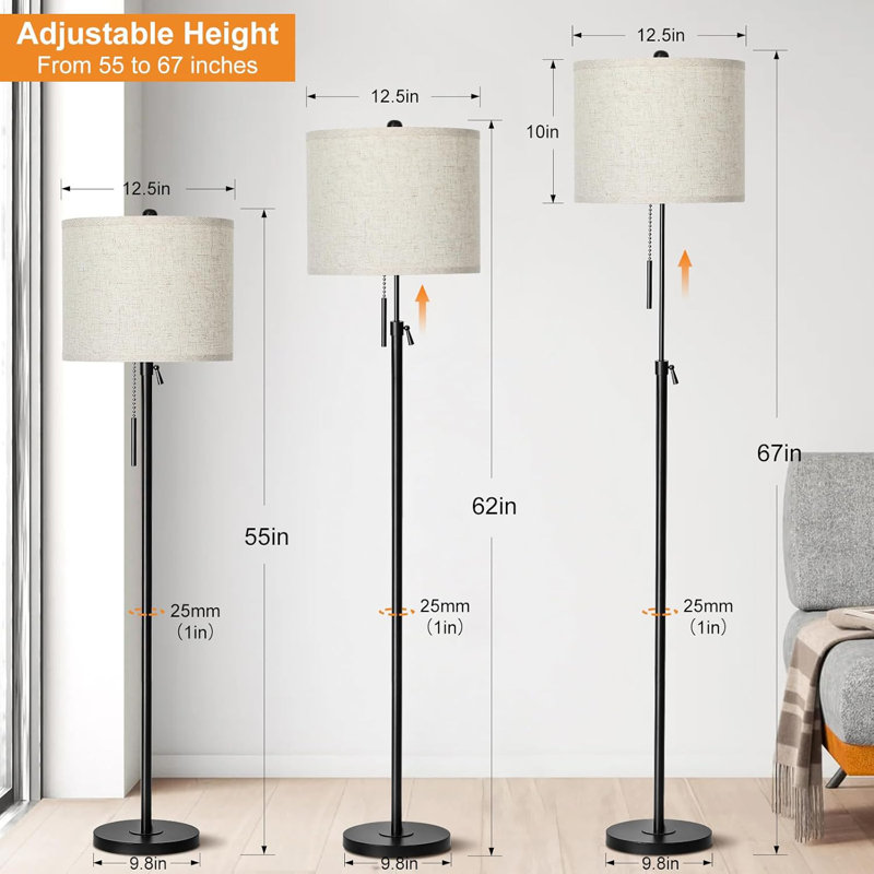 Adjustable Height Modern Floor Lamp With Linen Shade And 3-Way Dimmable LED Bulb For Living Room, Bedroom, Office