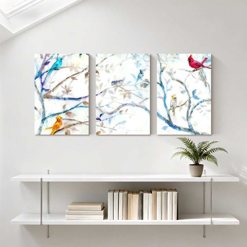 «Birds Colorful Birds On Branches», ensemble de 3 impressions sur toile, H 18 po x l 36 po