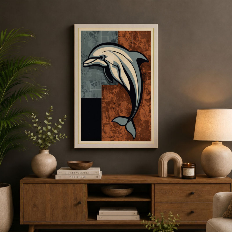 Leaping Dolphin Mid-Century - Wrapped Canvas, 36x24 - 91.4 x 61.0 cm, Terracotta Border