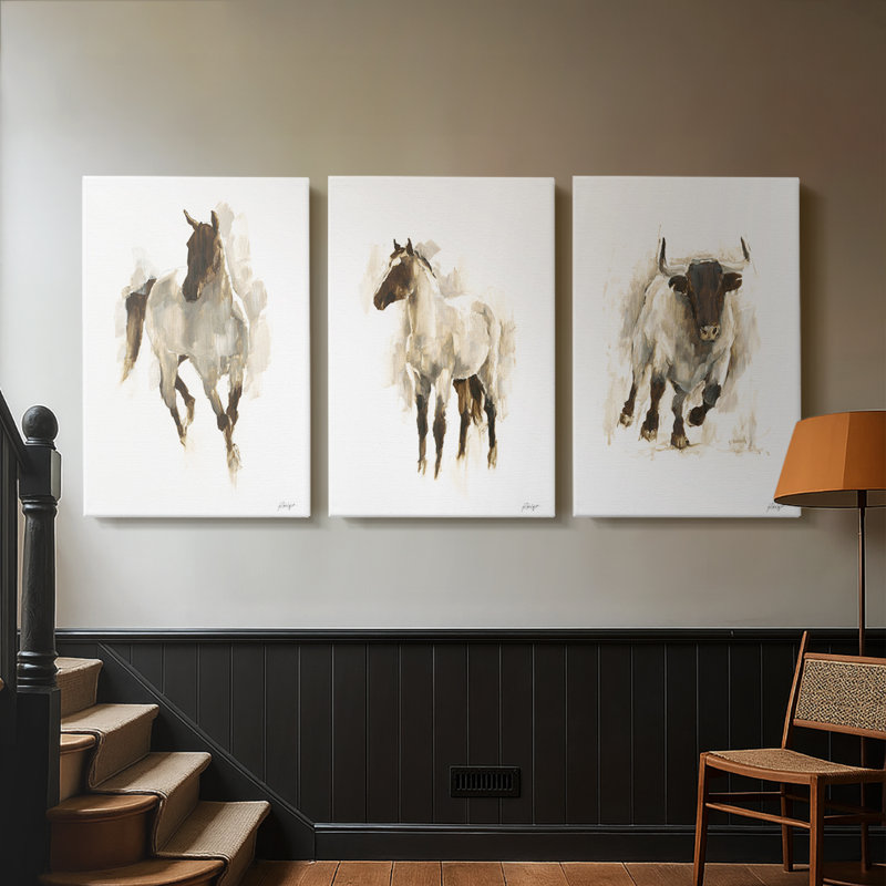 Rustic Horse I - Toile tendue avec châssis sur mesure - 3 pièces, H 27 po x l 54 po
