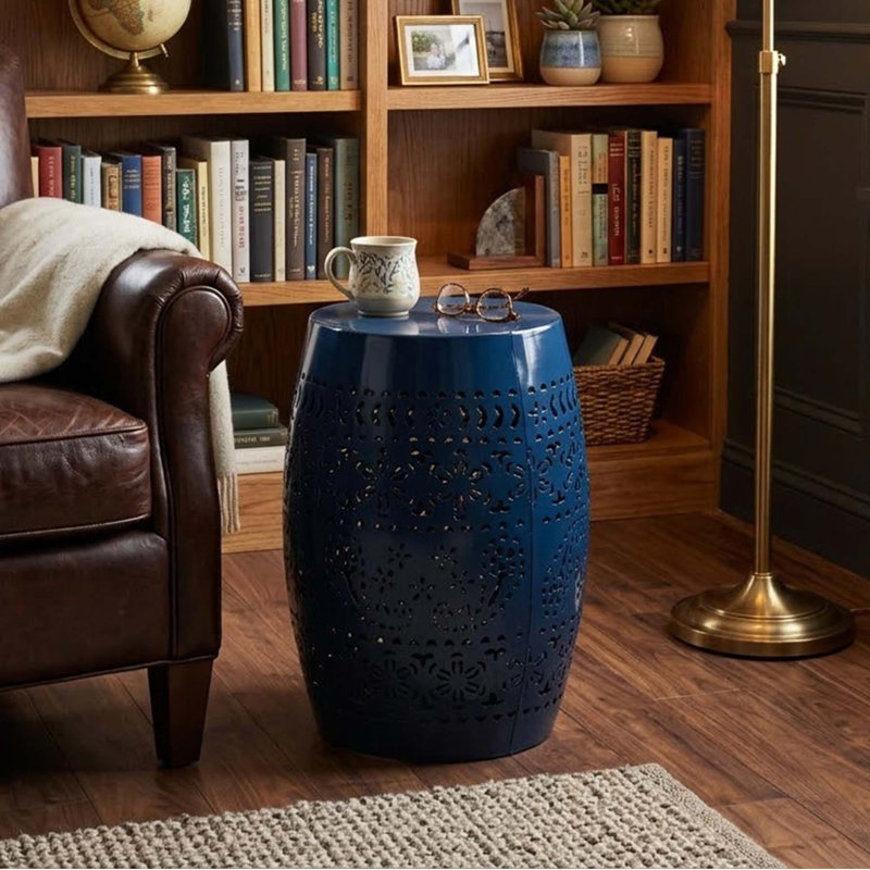 Modern Barrel Metal Side Table with Lace Cut Design No Assembly Accent Table for Patio Living Room Balcony, Navy