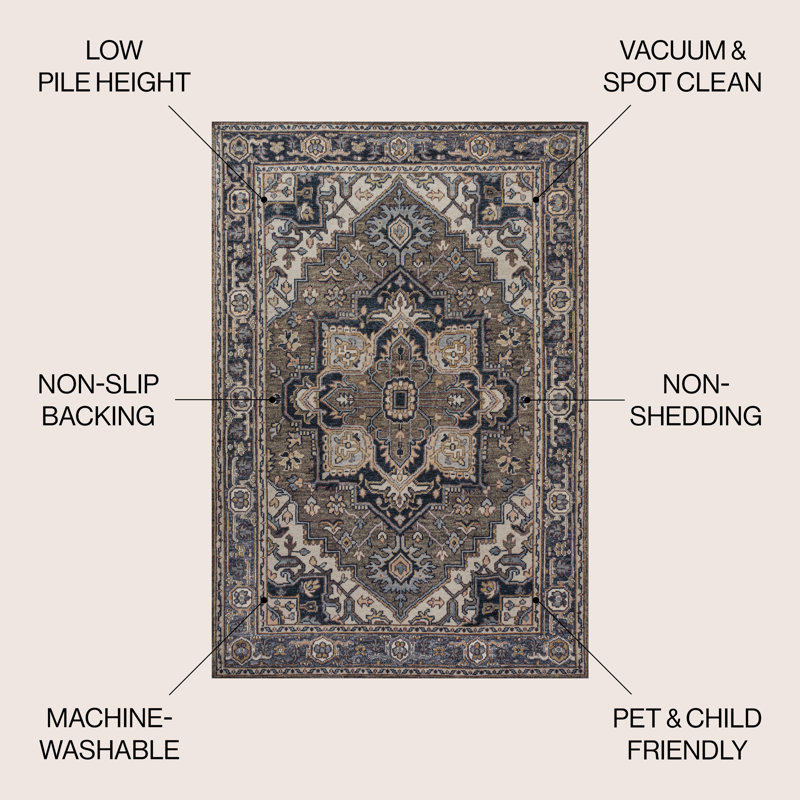 Sarok Ornate Large Medallion Machine-Washable Green/Navy/Cream Rug, Rectangle 2'11" x 5'