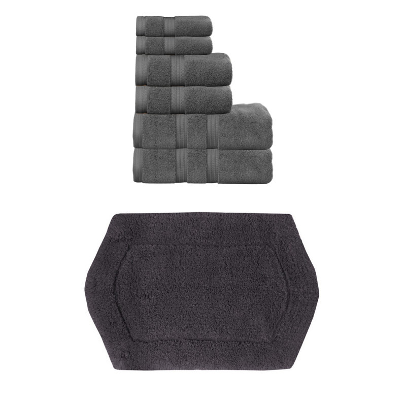 Bryd Collection 100% Soft Cotton 6 Pc Towel Set & 1 Pc 17x24" Bath Rug, (Set of 7), Dark Gray