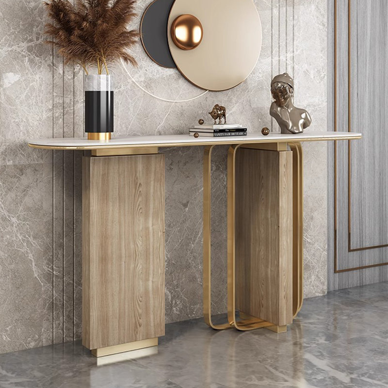 Console légère de luxe moderne, Or / Burlywood, H 33,5 po x l 63 po x P 13,8 po, Blanc