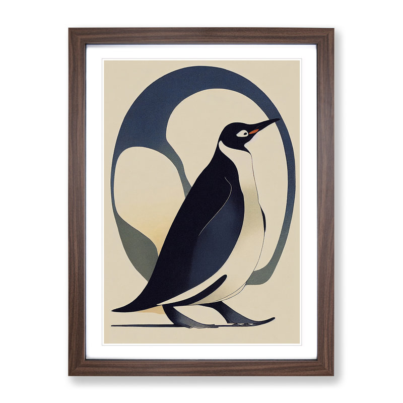 Penguin Art Nouveau - Wall Art, 48cm H x 36cm W, Walnut Framed Paper, White