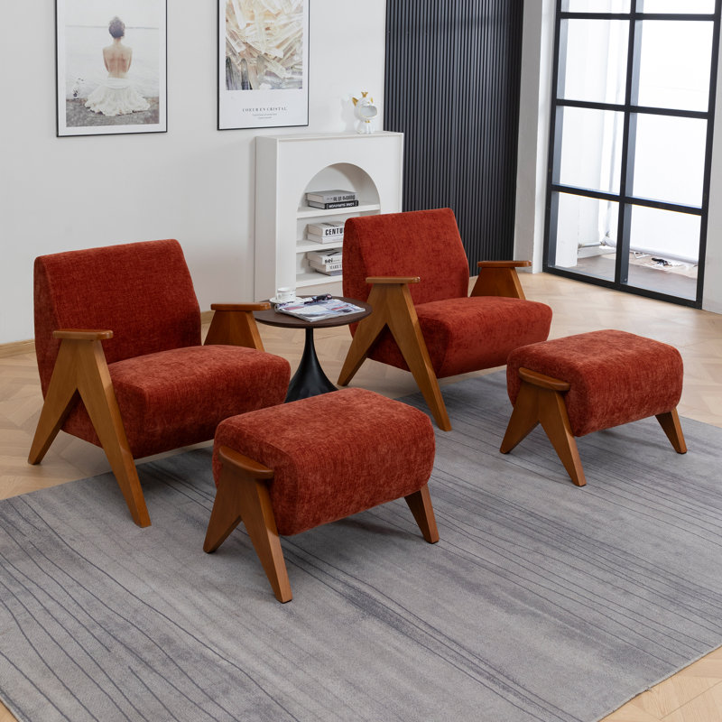 Upholstered Armchair with Footstool, Orange