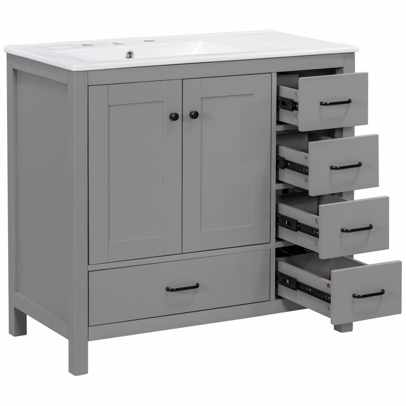 Ensemble de meuble-lavabo avec lavabo en céramique, armoire de rangement abondante, 2 portes à fermeture douce et 5 tiroirs