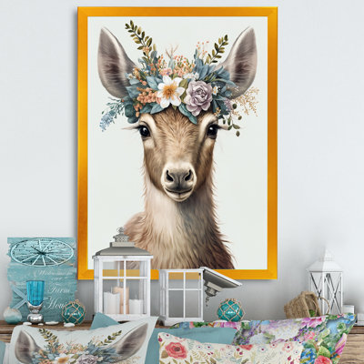 Mignon bébé chèvre avec couronne florale - animaux, art mural sur toile