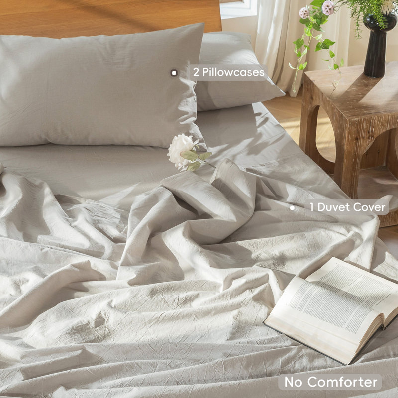 MooMee Lightweight Duvet Cover Set with Zipper Closure 8 Ties 100% Washed Cotton Linen Like Textured Soft Breathable All-Season