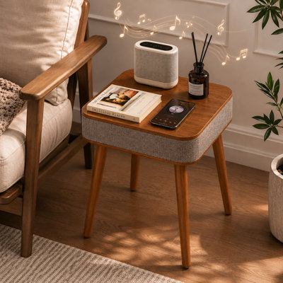 Nordic Smart Side Table With Bluetooth Speaker & Wireless Charging, Solid Wood End Table, 23" H Nightstand With Fabric Storage