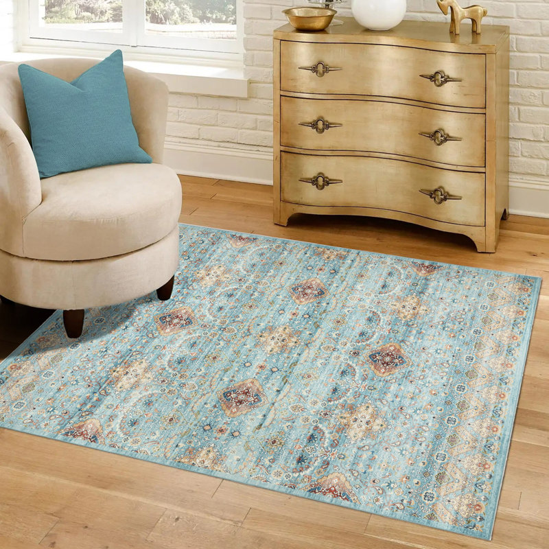 Samira Tanis Aqua Blue Gold Cream Multi Moroccan Bohemian Machine Washable Indoor Area Rug, Flat Pile for Living Room & Bedroom - Sage, 3x5