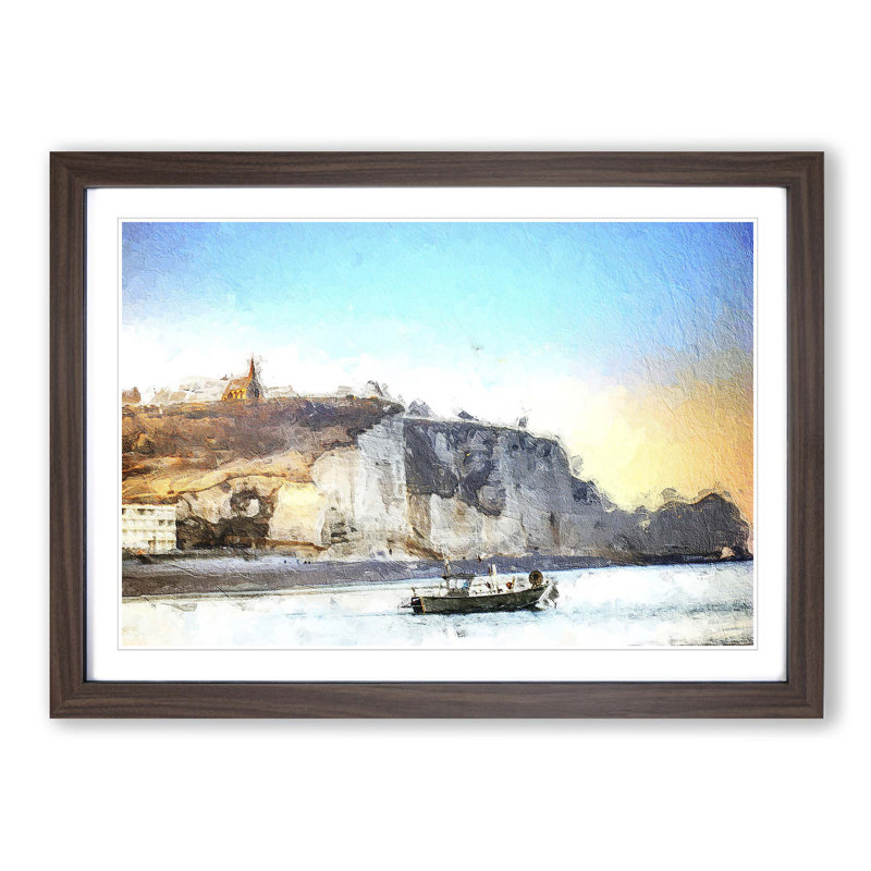 Boat Passing Beachy Head Cliffs Eastbourne - Picture Frame Painting Print on MDF, 48cm H x 65cm W x 2cm D, Walnut Framed