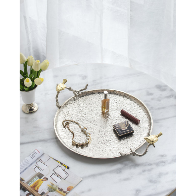 14” Decorative Silver Aluminum Tray with Gold Bird Handles, Nature-Inspired Accent Tray for Serving, Organization, or Centerpiece 