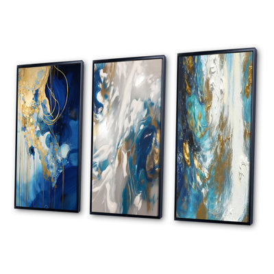 Golden Oceanic Wave Harmony - Abstract Painting Art Set Of 3 Pieces