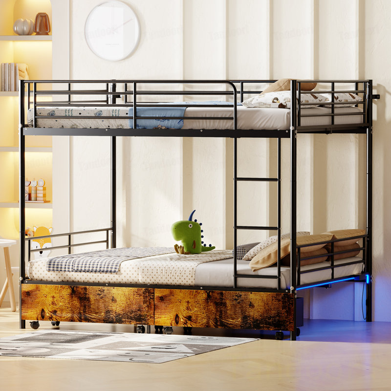 Lit superposé avec échelle et garde-corps haut, capable de se diviser, lit superposé en métal, espace de rangement, silencieux, taille simple sur simple