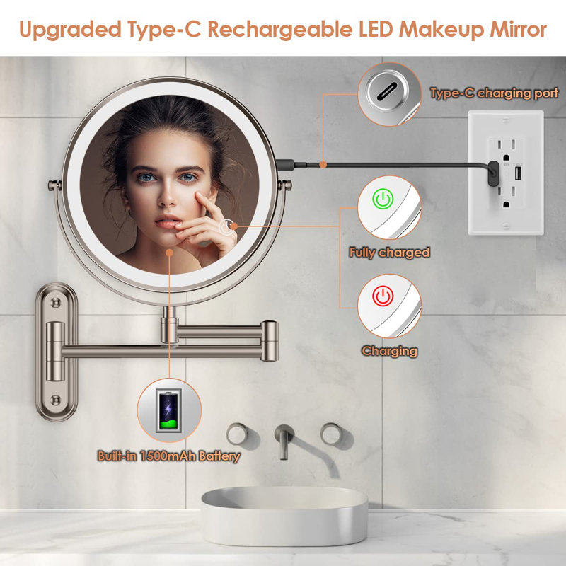 Rechargeable Lighted Wall Mounted Makeup Mirror With 3 Colour Lights,Dimmable Touch Screen,8 Inch LED Double Sided 1X/10X Magnifying 360°Flexible 13 Inch Retractable