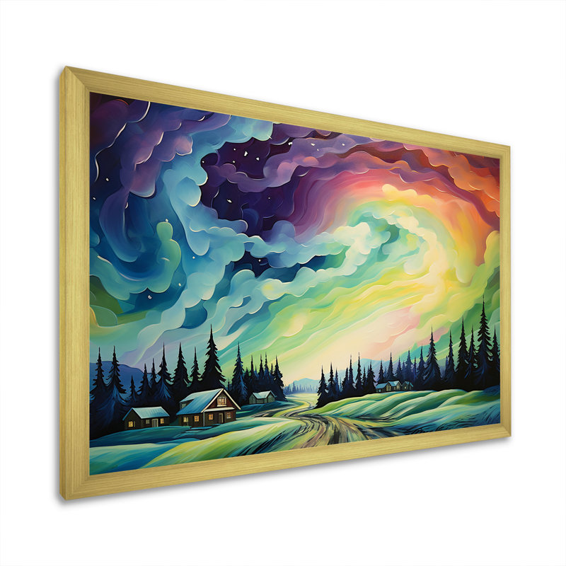 «Northern Lights Scenery Minimalisme I», reproduction sur toile, Cadre doré simple, H 12 po x l 20 po x P 1 po