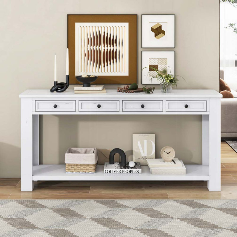 Console de rangement à 4 tiroirs avec longue tablette, Blanc antique