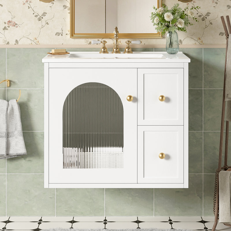 Meuble-lavabo suspendu de 61 cm (24 pouces) pour petits espaces, avec lavabo en céramique et tiroirs de rangement