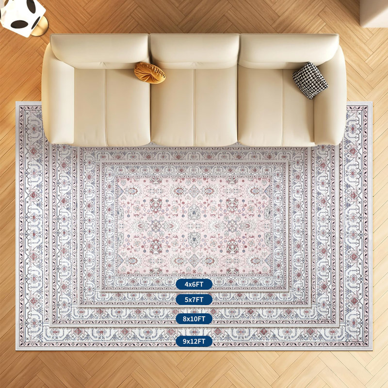 8x10 Area Rug for Living Room, Washable Vintage Printed Soft Rugs, Non Slip Low Pile Carpet for Bedroom, Dining Room, Living Room, Pink