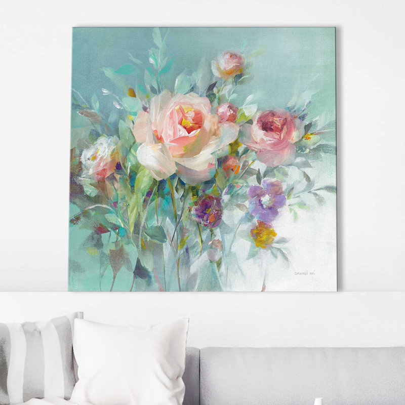 Roses de jardin d'été - Peinture, Toile tendue, H 18 po x l 18 po x P 1 po