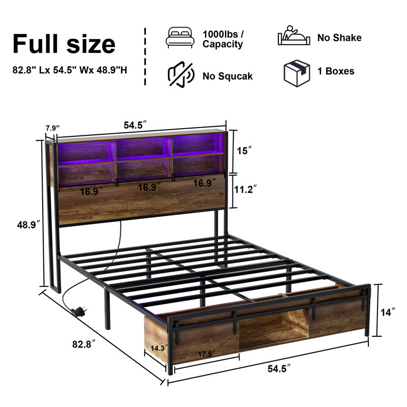 Bookcase Storage Bed, Bed Frame with Headboard and Sliding Barn Door Storage Cubbies, Full / Double