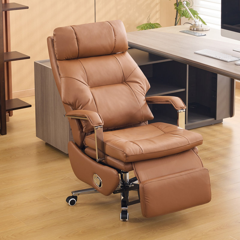 Faux Leather Office Chair with Retractable Footrest, Brown