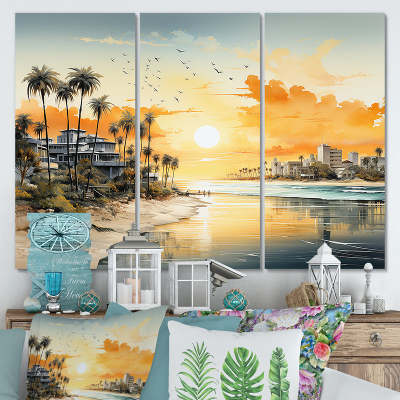 Paysage urbain côtier coucher de soleil - art mural coucher de soleil côtier, Toile tendue, H 32 po x l 48 po x P 1 po