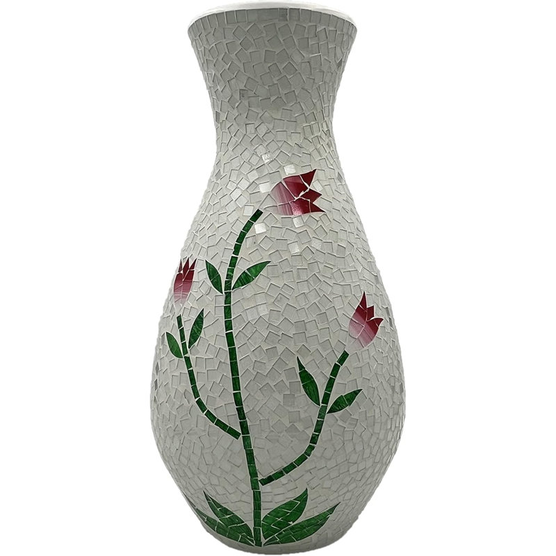 Lark Manor™ Floor Vase, 24 Inch Mosaic Vase – Tall Cylinder Made Of Terracotta With White And Red Glass Flower Mosaic Pieces – Handcrafted Decorative Home Décor Accent Piece For Bedroom, Living Room