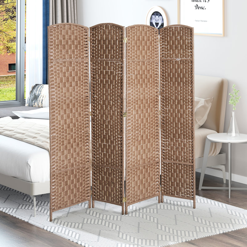 Cloison d'intimité en tissage naturel de 6 pi de hauteur. Œuvre artistique. Structure en bois de peuplier. Pour les bureaux à la maison. 4 panneaux avec charnière mobile. Facile à transporter et à ranger. Motif. Base. Créer un espace privé